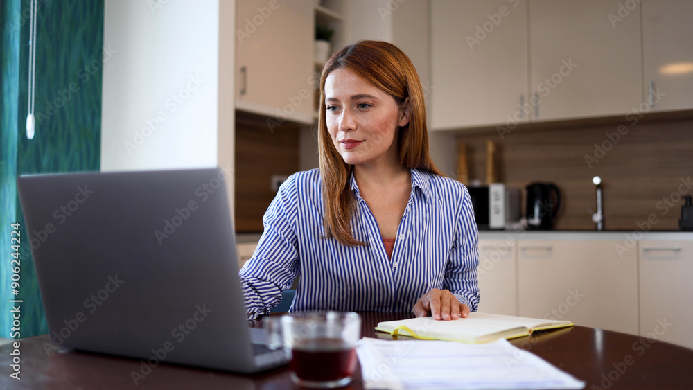 Happy lady performing her job remotely Happy lady performing her job remotely