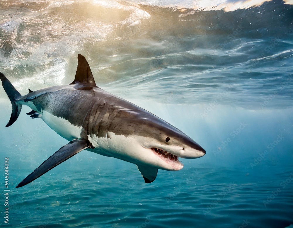 Fototapeta premium Great White Shark (Carcharodon carcharias) breaching in an attack.Great White Shark (Carcharodon carcharias) with an open mouth jumps out of water