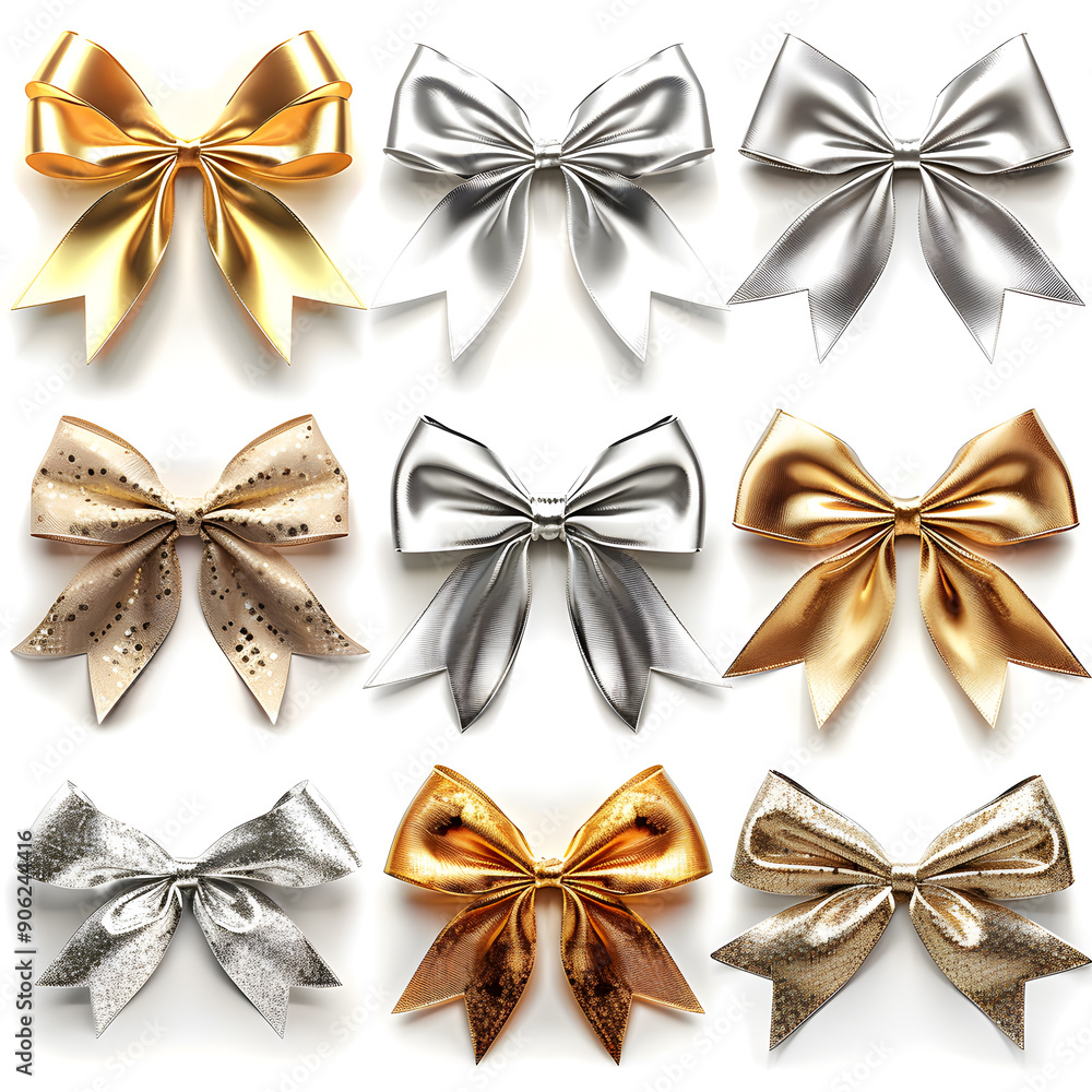 Collection of shiny gold and silver bows isolated on a white background Collection of shiny gold and silver bows isolated on a white background