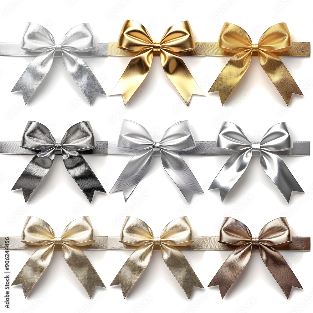 Collection of shiny gold and silver bows isolated on a white background Collection of shiny gold and silver bows isolated on a white background