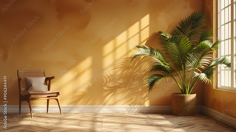 Fototapeta premium A cozy corner with a wooden chair and a potted palm plant. The warm, sun-drenched room features a yellow wall with a window that casts long shadows across the floor.