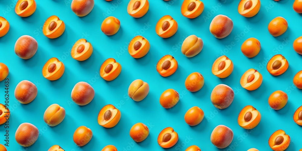 pop art summer pattern with apricot on blue background AI Generative