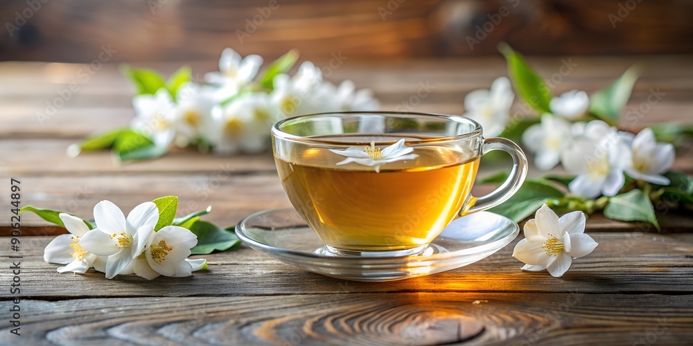 Cup of jasmine tea and jasmine flowers on a wooden table Generative AI Cup of jasmine tea and jasmine flowers on a wooden table Generative AI