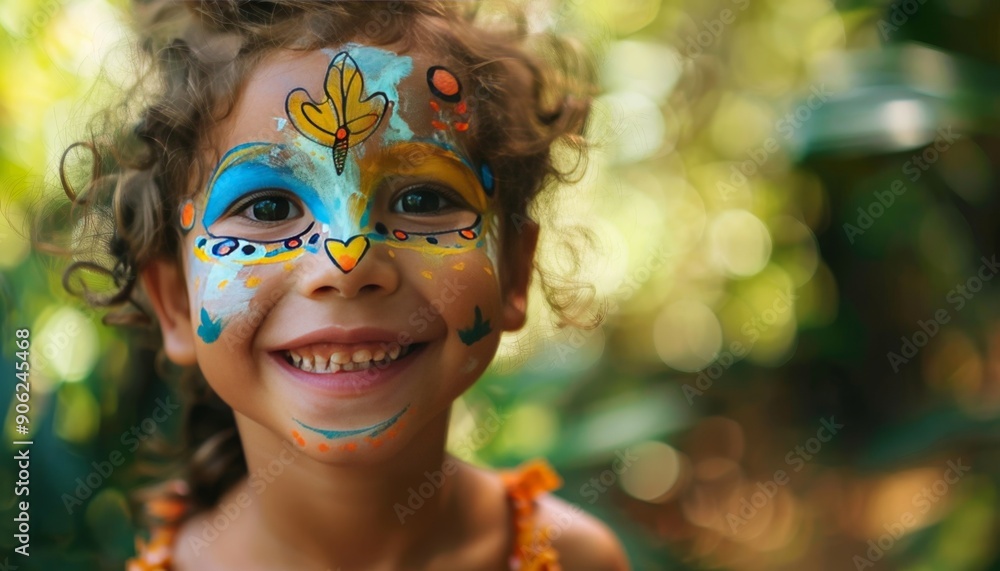 Photography shot, Smiling child with colorful animal face paint happily posing in the midst of nature. Photography shot, Smiling child with colorful animal face paint happily posing in the midst of nature.