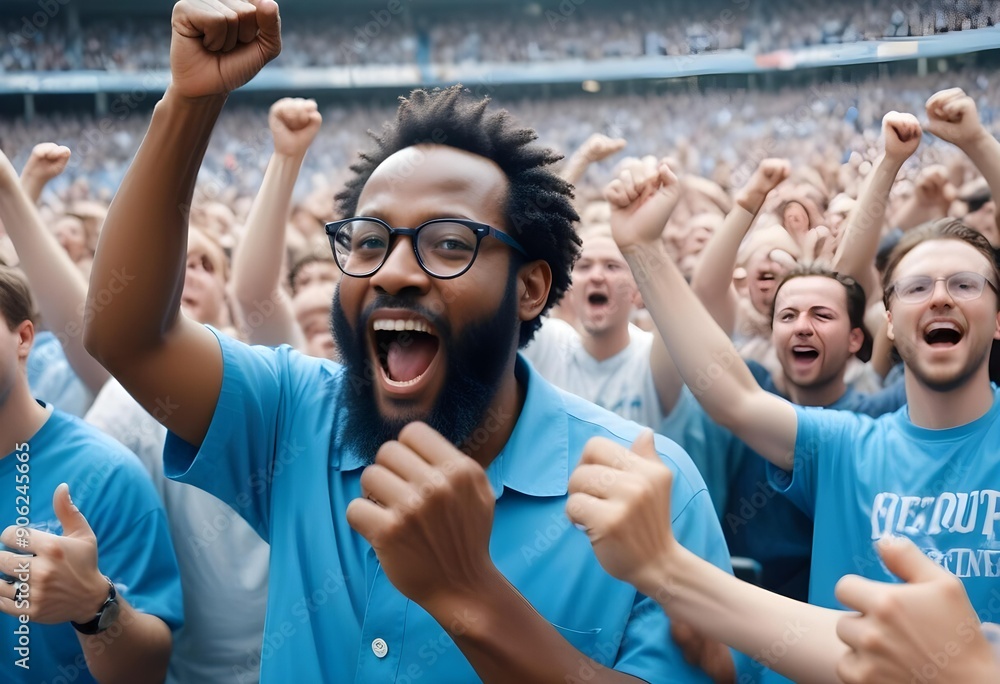 Obraz premium A group of people gathered in a stadium shouting and celebrating. People with diversity in color, gender, race, and religion. 