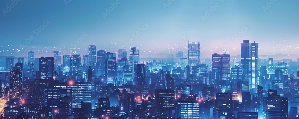 Stunning panoramic view of a brightly lit city skyline at night with skyscrapers and buildings glowing under the blue sky. Stunning panoramic view of a brightly lit city skyline at night with skyscrapers and buildings glowing under the blue sky.