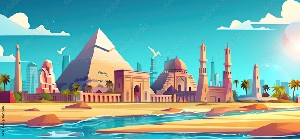 Colorful cartoon illustration of Egypt with famous global landmarks, creative and vibrant design Colorful cartoon illustration of Egypt with famous global landmarks, creative and vibrant design