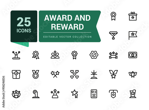 Award And Reward icon set. Minimal outline icons related to award, reward, badge, success. Linear icon collection. Editable vector stroke.
