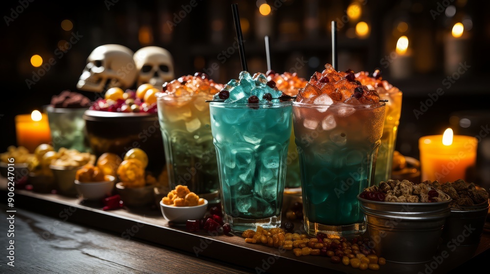 Spooky themed drinks and snacks at a Halloween party Spooky themed drinks and snacks at a Halloween party