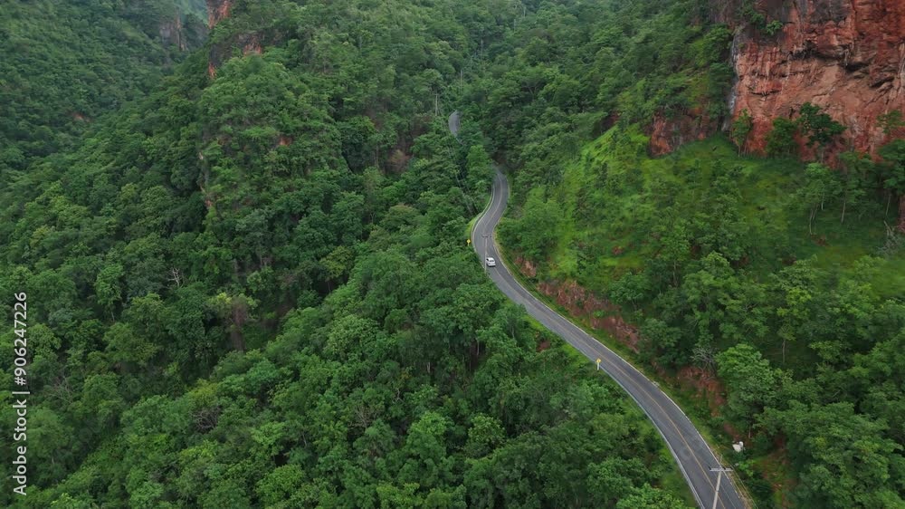 Aerial view of car in green forest with road and cars passing by. Eco-friendly transport. Concept of transportation, travel, electric car, ev with clean and greenhouse-free nature in electric drive mo Aerial view of car in green forest with road and cars passing by. Eco-friendly transport. Concept of transportation, travel, electric car, ev with clean and greenhouse-free nature in electric drive mo