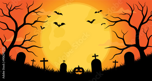 Halloween background with scary pumpkins on full moon night with graveyard and flying bats. Silhouette of trees and grass. Vector illustration