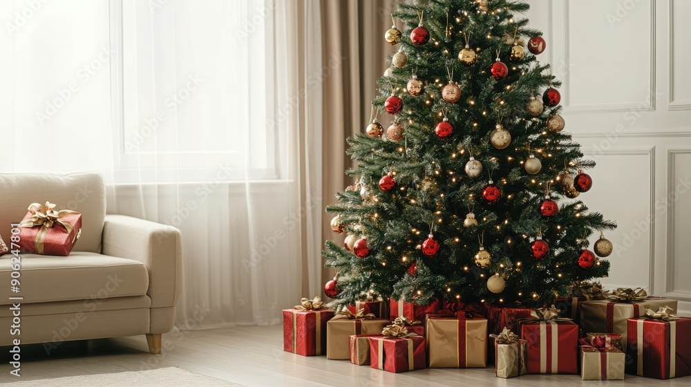 A festive Christmas tree with traditional red and gold ornaments, surrounded by wrapped presents A festive Christmas tree with traditional red and gold ornaments, surrounded by wrapped presents