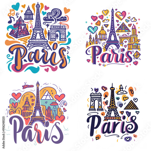 A Set of Romantic and Playful Hand-Drawn Illustrations of Iconic Paris Landmarks and Tourist Attractions, Colorful, Vibrant