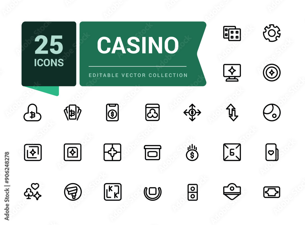 Casino and gambling minimal line icons set. linear style icon collection, outline signs and logo pack. Simple editable vector stroke illustration. Casino and gambling minimal line icons set. linear style icon collection, outline signs and logo pack. Simple editable vector stroke illustration.