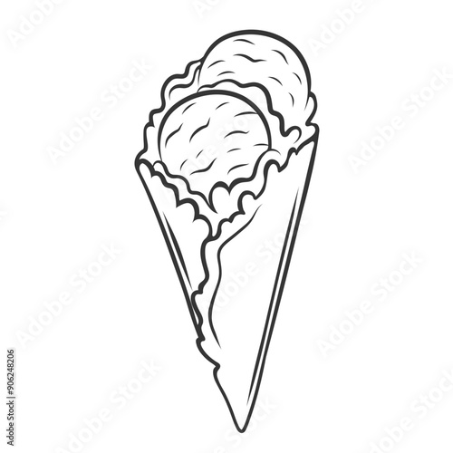 Ice cream balls in waffle cornet icon, doodle sundae scoop serve. Funny retro sketch of gelato in wafer cone for eating. Summer refreshing food mascot, hand drawn ice cream icon vector illustration