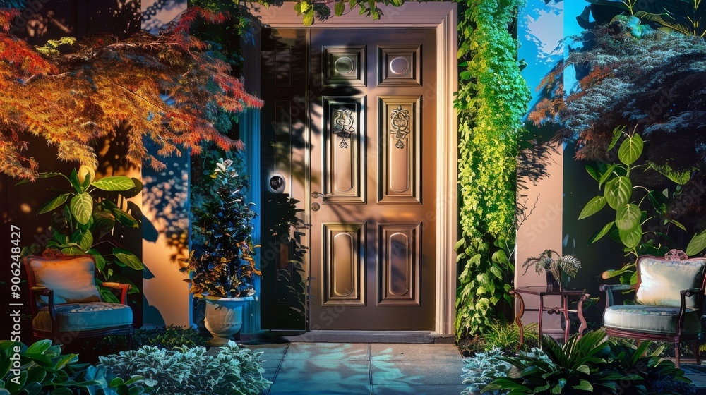 Fototapeta premium A Glowing Entrance to a Home Surrounded by Lush Greenery