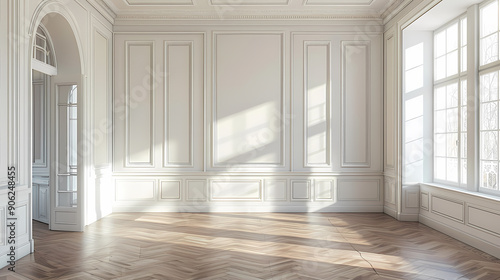 Sunlight streams through a large window in a spacious, white-walled room with intricate paneling and a herringbone wood floor.