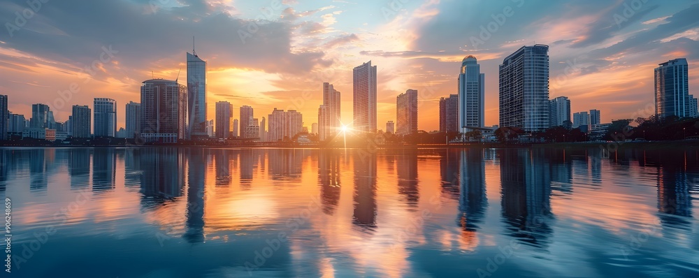 Obraz premium Stunning Cityscape with Skyscrapers Reflecting in Calm River at Sunset
