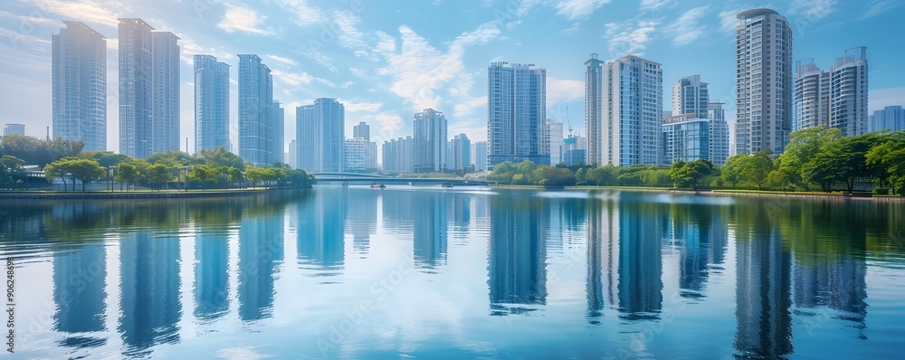 Fototapeta premium Majestic Cityscape Reflected in Tranquil River Waters Towering Skyscrapers Mirrored in Serene Urban Landscape