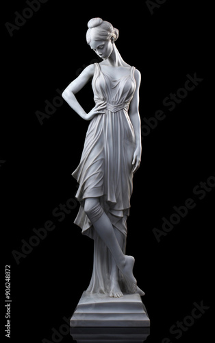 Stunning white marble statue of graceful woman standing against a black background. Marble statue of ballerina 