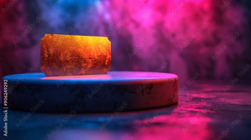 Golden blank ticket on luxury round podium, Neon lighting. Golden blank ticket on luxury round podium, Neon lighting.
