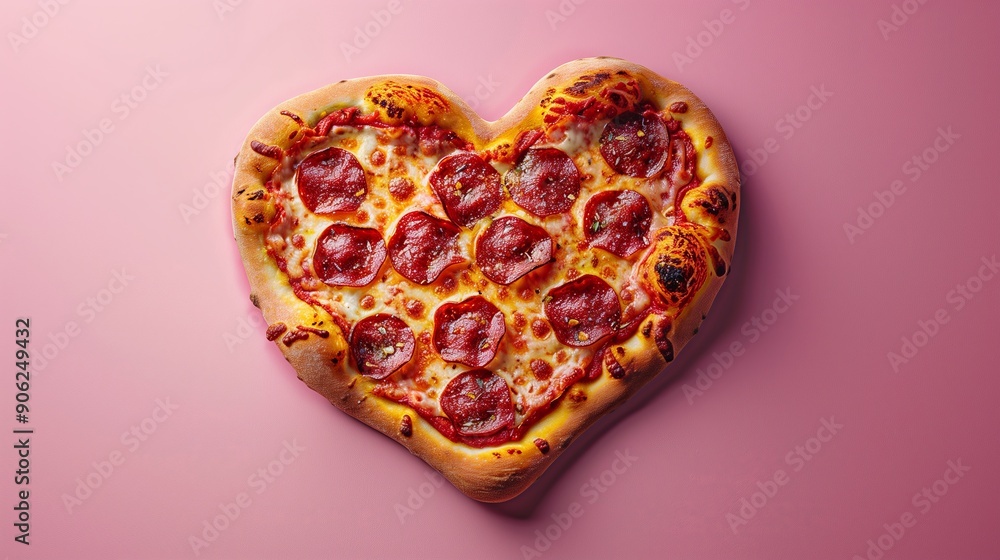 A heartshaped pizza on pink background, symbolizing love and valentine's day celebration A heartshaped pizza on pink background, symbolizing love and valentine's day celebration