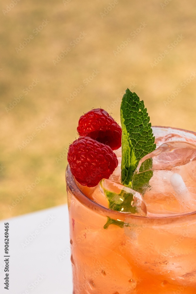 Close-up of a refreshing summer cocktail with raspberries and mint garnish on a sunny day. Close-up of a refreshing summer cocktail with raspberries and mint garnish on a sunny day.