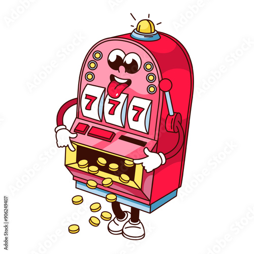 Groovy money falling out of casino slot machine cartoon character. Funny retro slot machine with tongue out and jackpot combination. Chance mascot, cartoon sticker of 70s 80s style vector illustration