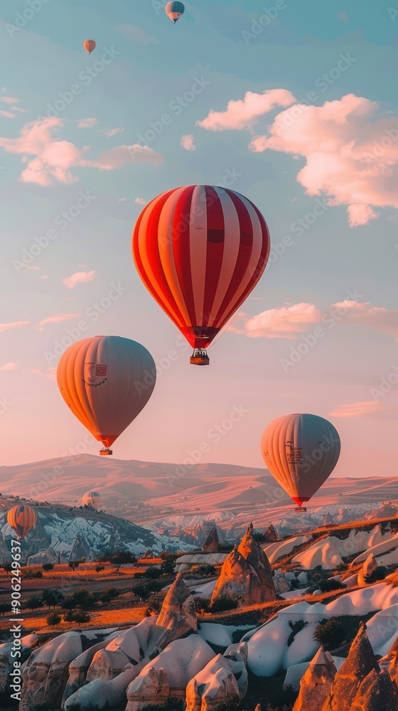 Colorful hot air balloons ascend above unique rock formations and valleys at sunrise in Cappadocia Colorful hot air balloons ascend above unique rock formations and valleys at sunrise in Cappadocia