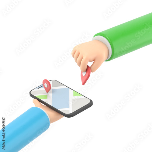Transparent Backgrounds Mock-up. Isometric phone and GPS mobile navigation,isometric hands holding smartphone with mark on the map,Supports PNG files with transparent backgrounds.
