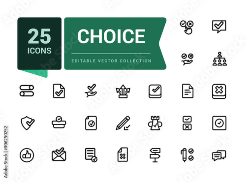 Choice icon set. Minimal outline voting elections and choice icons Related to winner, yes or no, checkmark, favorite. Line icons for web design, mobile app.
