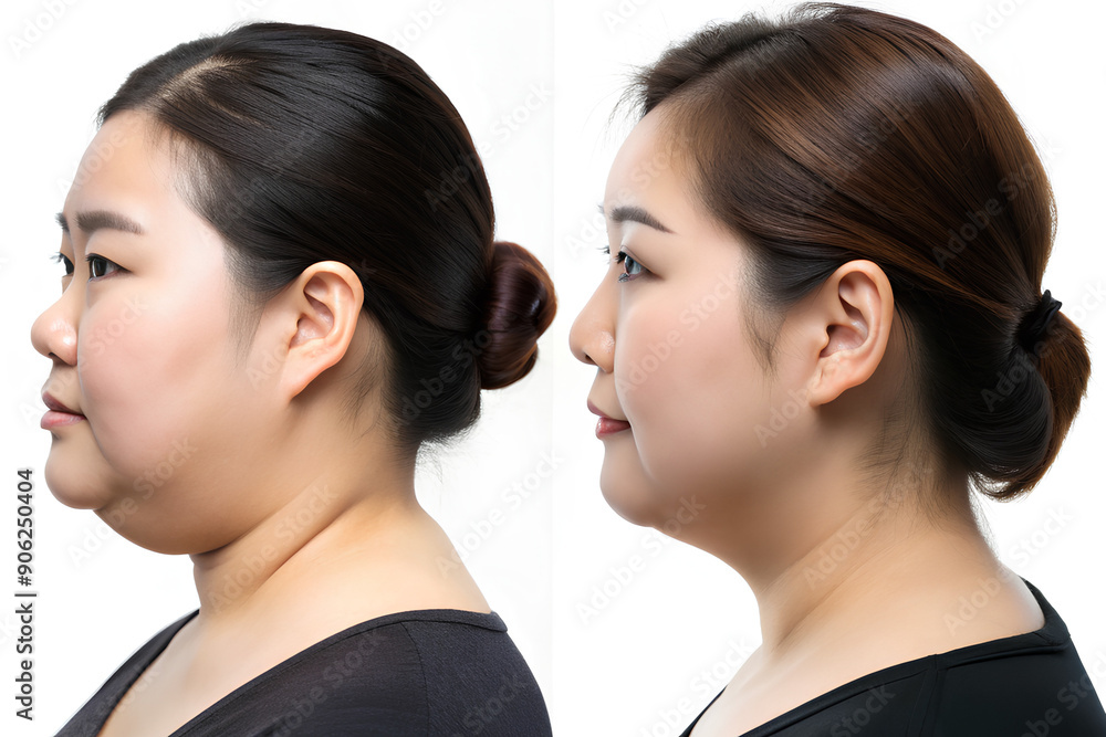 Close-Up Double Chin Liposuction Before - After, Side view, Young women on isolate white background Close-Up Double Chin Liposuction Before - After, Side view, Young women on isolate white background