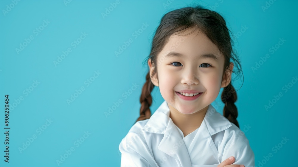 Portrait of a happy Asian little girl wearing a white doctor's coat and laughing isolated on a blue background with copy space Portrait of a happy Asian little girl wearing a white doctor's coat and laughing isolated on a blue background with copy space