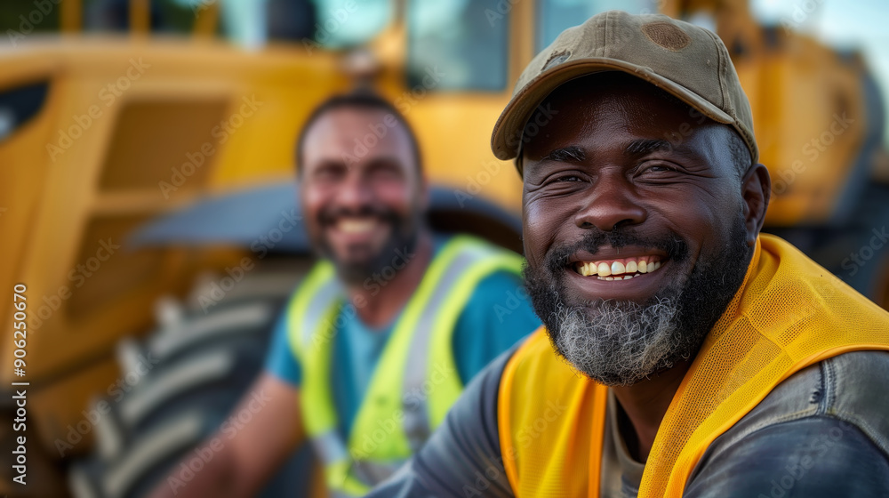 portrait of two smiling heavy machinery roadmen sitting on the back portrait of two smiling heavy machinery roadmen sitting on the back