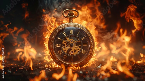 Vintage pocket watch embraced by flames. Dark background