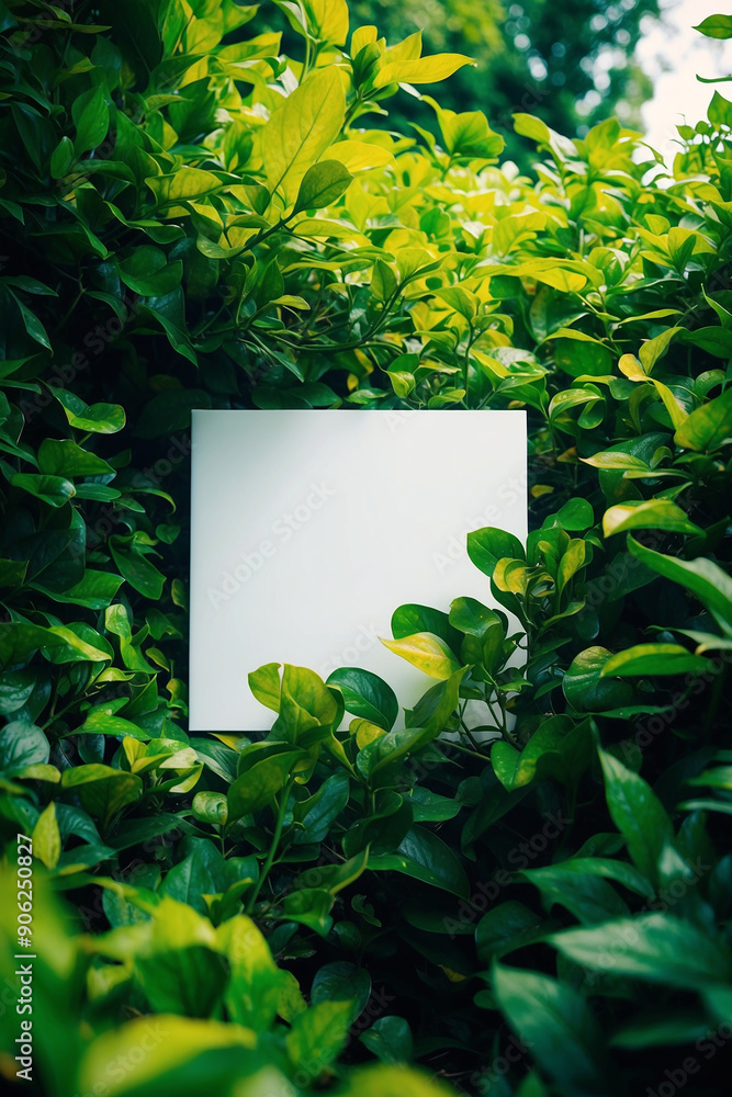 A blank white square card, nestled amidst a lush, vibrant green foliage, creating a natural and inviting backdrop for your design A blank white square card, nestled amidst a lush, vibrant green foliage, creating a natural and inviting backdrop for your design