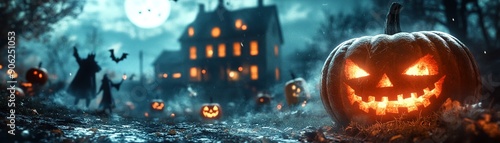 A spooky, moonlit night with trick-or-treaters in creative costumes, carved pumpkins glowing, eerie decorations, haunted house looming in the backgroundHighly detailed , 8K photo