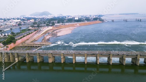 Panoramic view of historic Prakasam barrage on the Krishna river at Vijayawada, India. photo