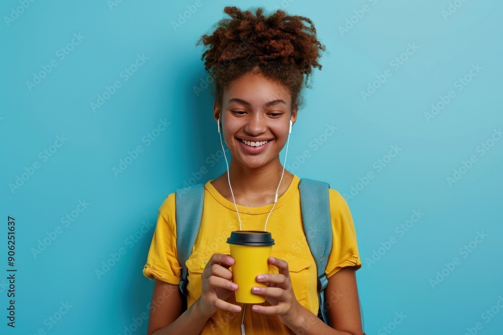 Student with a backpack and coffee, smiling warmly in a natural setting Student with a backpack and coffee, smiling warmly in a natural setting