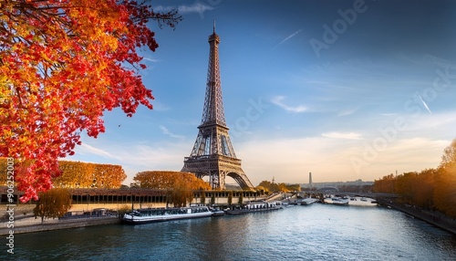  eiffel tour over Seine river with fall tree, Paris, France