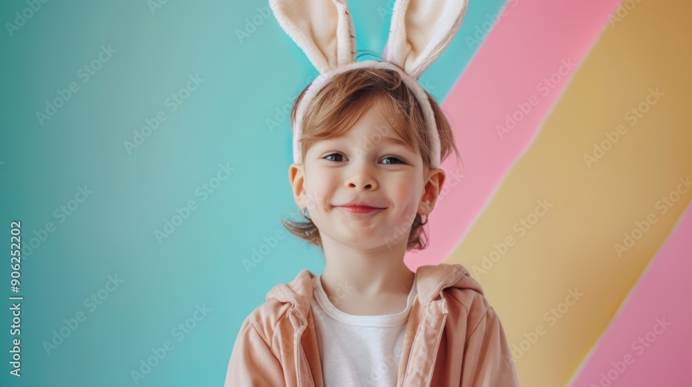 A young child wearing bunny ears smiles joyfully in front of a vibrant backdrop A young child wearing bunny ears smiles joyfully in front of a vibrant backdrop