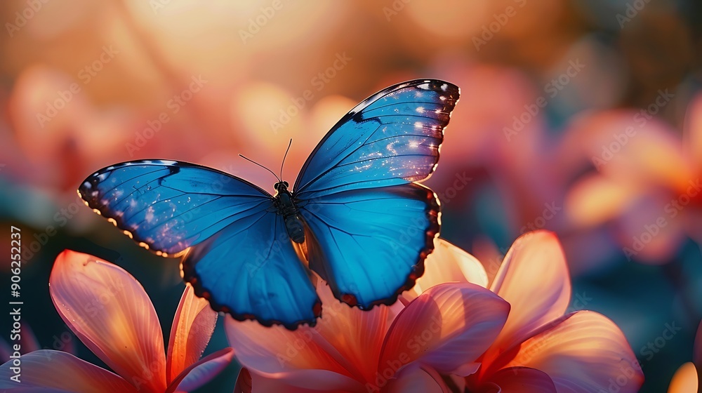 A vibrant blue butterfly rests gracefully on colorful flowers in a serene garden, showcasing nature's beauty at sunset. A vibrant blue butterfly rests gracefully on colorful flowers in a serene garden, showcasing nature's beauty at sunset.