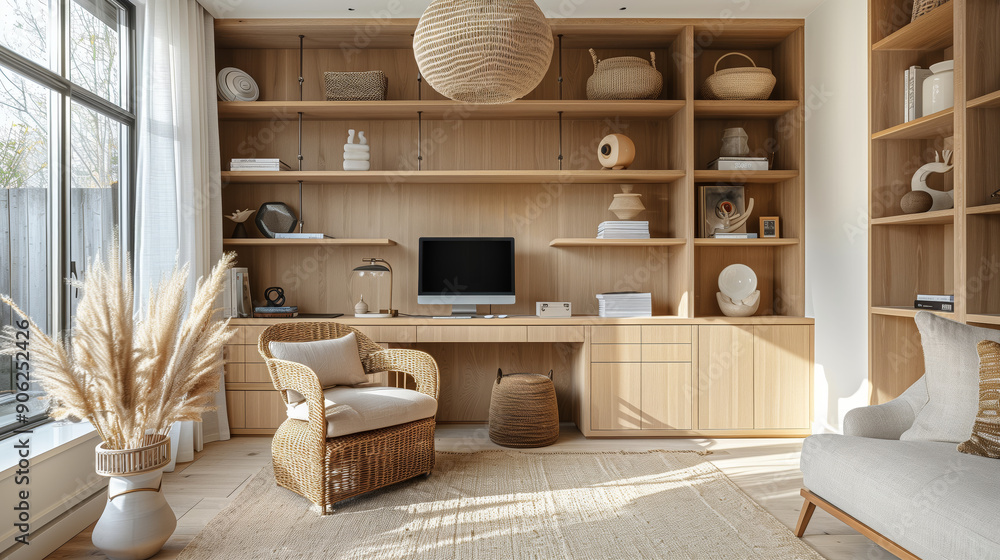Obraz premium A home office with light oak cabinets