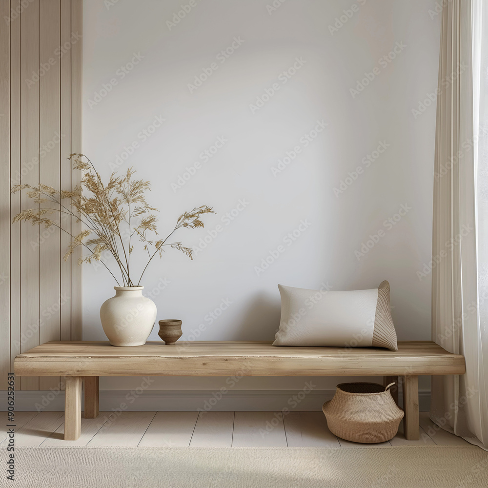 Aesthetic elegant minimalist japandi interior design. Clear mock up empty wall for decoration. Copy space. Neutral palette of natural colors. Aesthetic elegant minimalist japandi interior design. Clear mock up empty wall for decoration. Copy space. Neutral palette of natural colors.