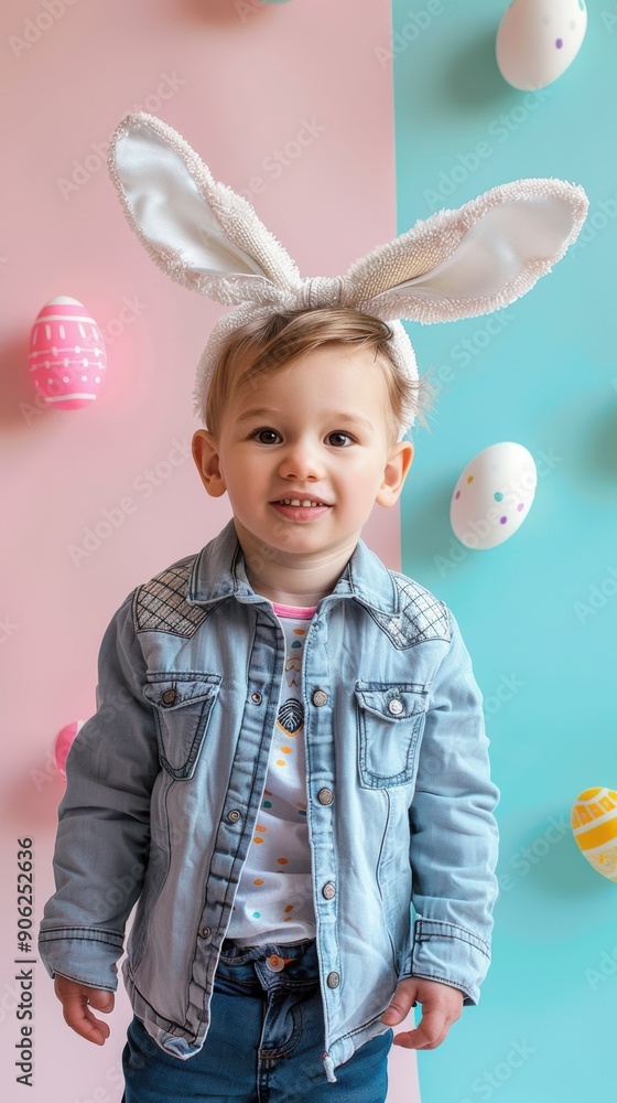 A joyful child dressed in bunny ears stands before pastel-colored Easter decorations, embodying the festive spirit A joyful child dressed in bunny ears stands before pastel-colored Easter decorations, embodying the festive spirit