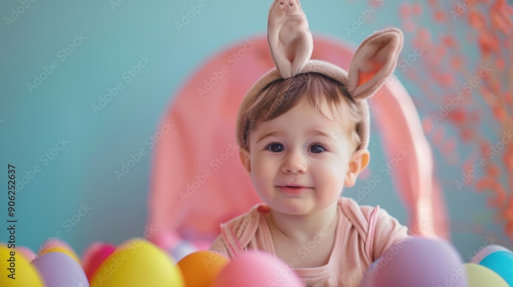 A joyful baby wearing bunny ears is playing among vibrant Easter eggs in a cheerful environment A joyful baby wearing bunny ears is playing among vibrant Easter eggs in a cheerful environment