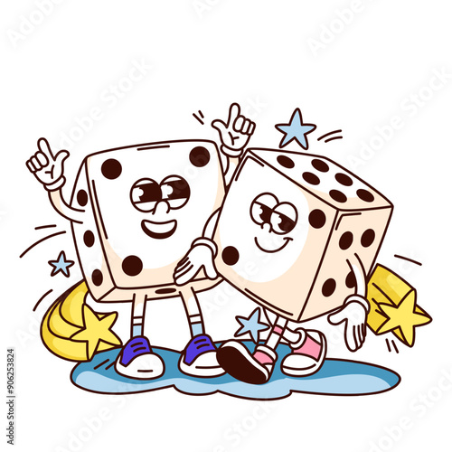 Groovy casino dices cartoon characters with happy smiles. Funny retro gambling table game cubes. Luck and win mascot, cartoon two white dices with dots sticker of 70s 80s style vector illustration