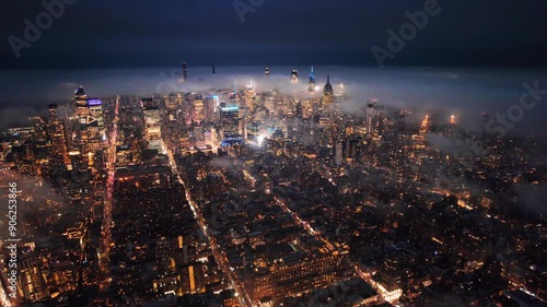 4K Aerial Photography of Urban Architecture Night Scene in Lower Manhattan, New York, USA America
