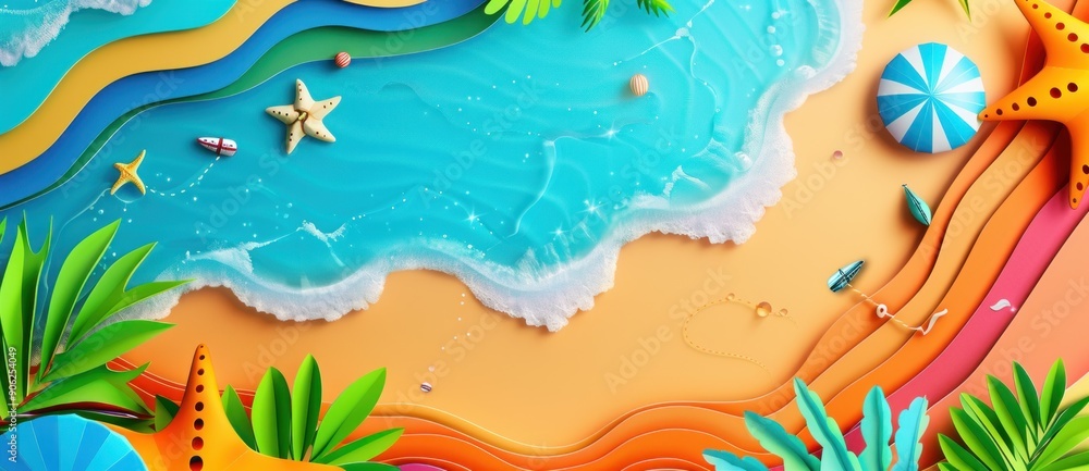 Top view of beach with summer elements and text space at the top. Seasonal design concept. Top view of beach with summer elements and text space at the top. Seasonal design concept.