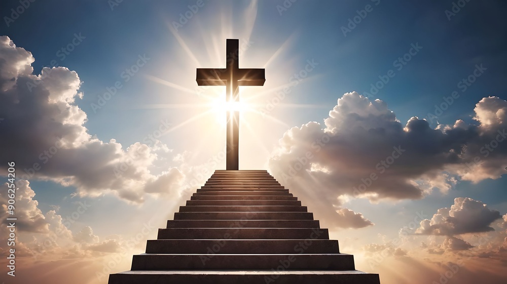 Staircase leading to heaven with silhouette of the Christian cross with clouds on the sky and sunlight in the background. Faith religion stairway to paradise, Jesus Christ path to life concept Staircase leading to heaven with silhouette of the Christian cross with clouds on the sky and sunlight in the background. Faith religion stairway to paradise, Jesus Christ path to life concept